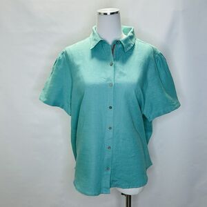 Sundance 100% Linen Women's Size XL Button Short Sleeve Shirt Green